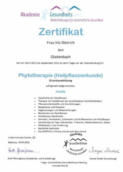 Zertifikat Phytotherapie Iris Dietrich Naturerlebnis YOGA